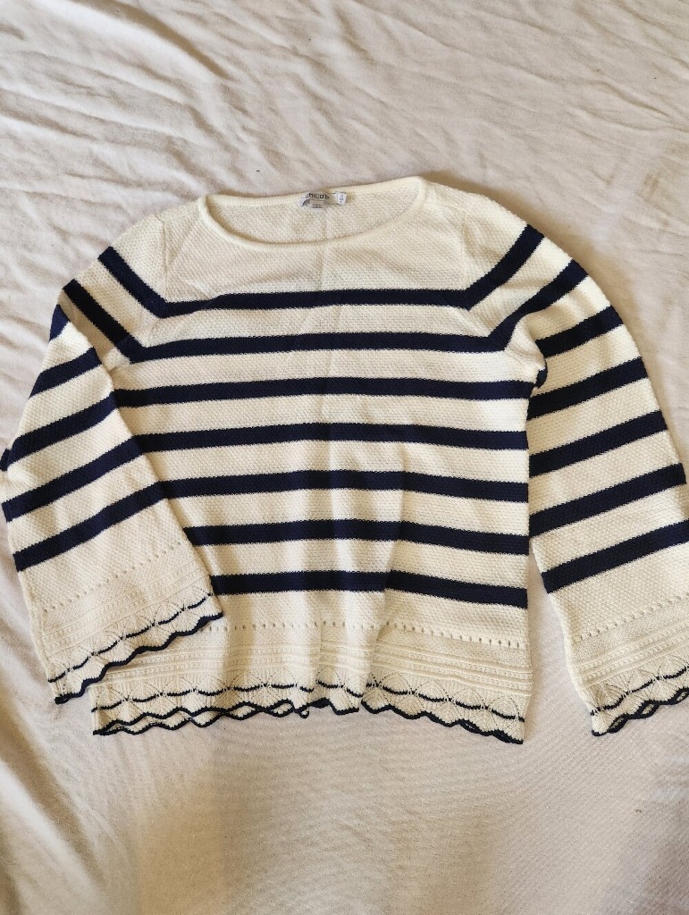 Chico's Navy White Striped Crochet Knit Sweater Size 0 Small